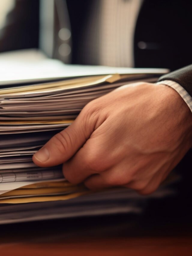 Overworked businessman buried in paperwork on desk heap generated by AI