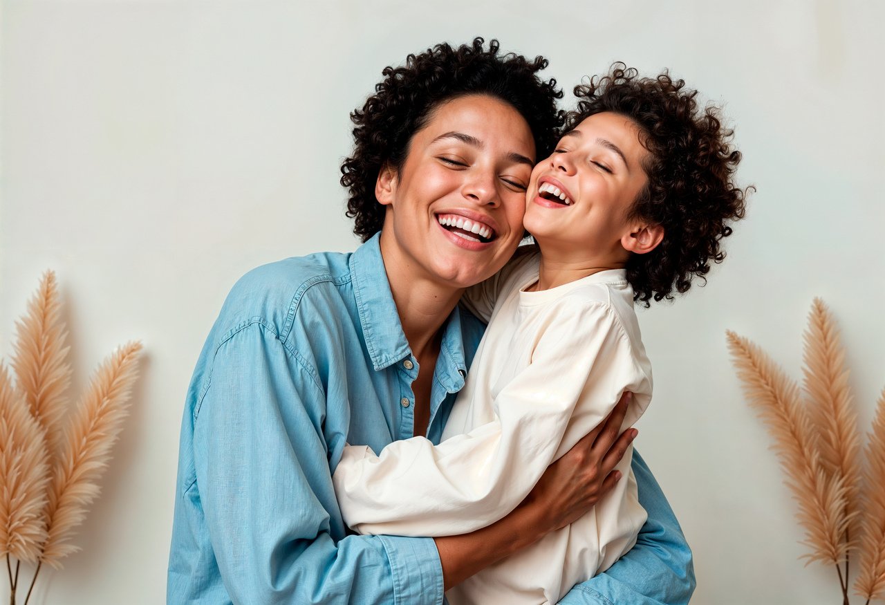 Mãe e filha sorrindo e abraçadas, representando o carinho familiar para o Dia das Mães