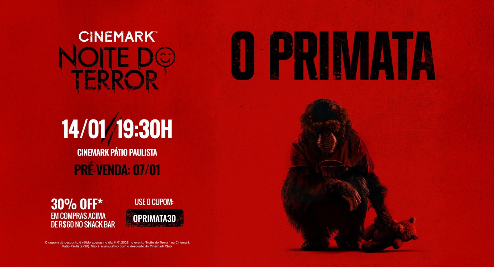 Nova edição da Noite do Terror Cinemark terá exibição exclusiva de 'O Primata'
