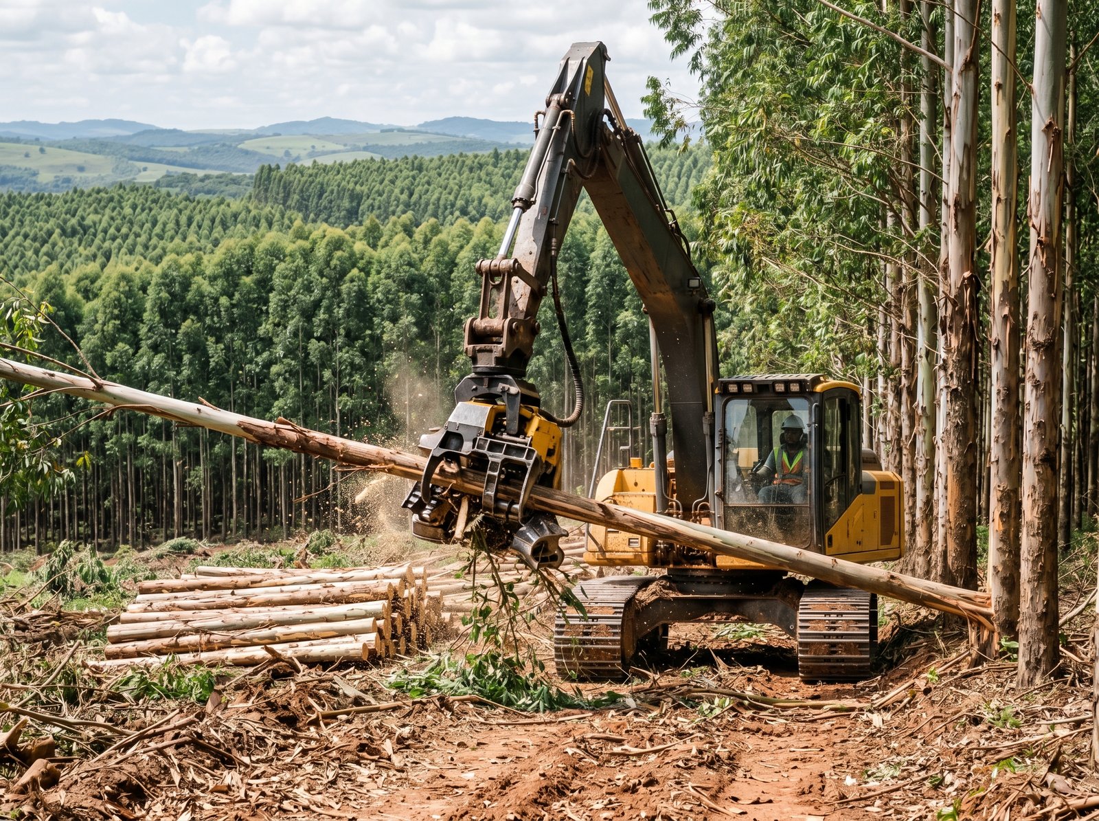 Máquina florestal harvester operando em plantação de eucalipto