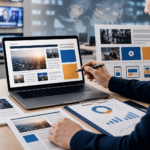 Imagem editorial de uma pessoa planejando uma campanha de publicidade em um portal de notícias, com notebook, gráficos e formatos de mídia sobre a mesa.