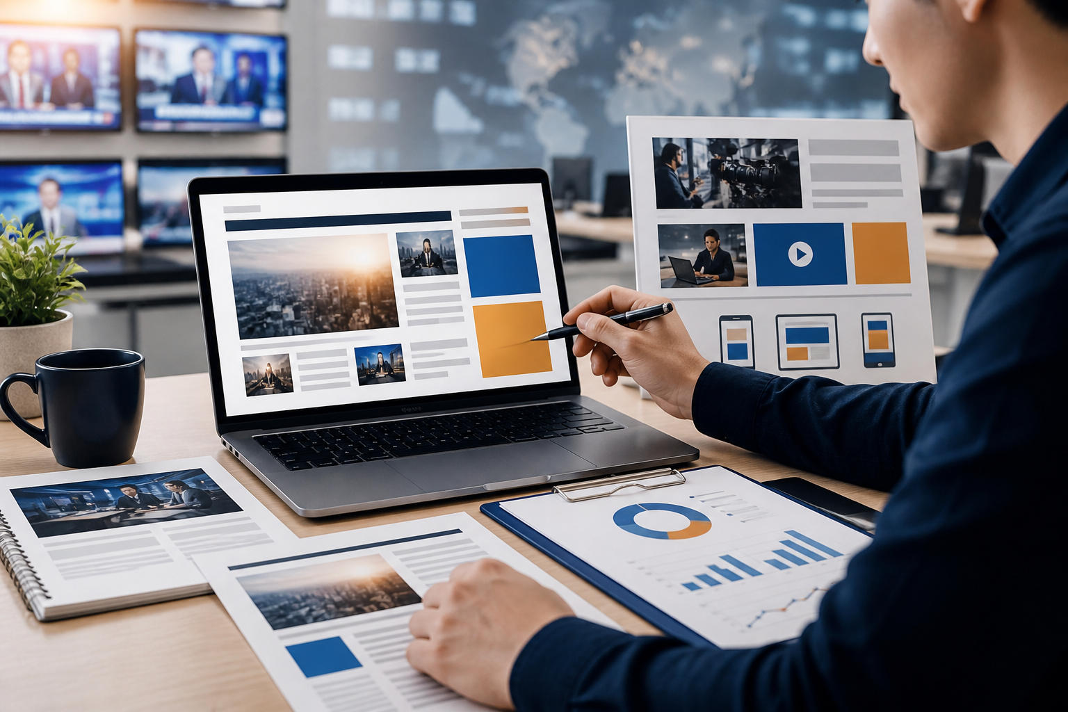 Imagem editorial de uma pessoa planejando uma campanha de publicidade em um portal de notícias, com notebook, gráficos e formatos de mídia sobre a mesa.