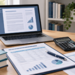 Mesa de estudos com laptop, calculadora e planilhas para organizar relatório de aula prática de contabilidade