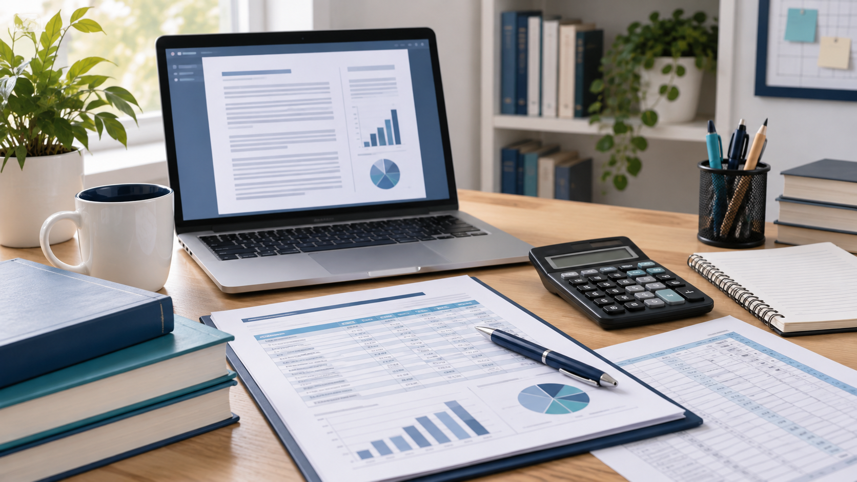 Mesa de estudos com laptop, calculadora e planilhas para organizar relatório de aula prática de contabilidade