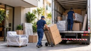 Mudança residencial com móveis protegidos sendo carregados para um caminhão