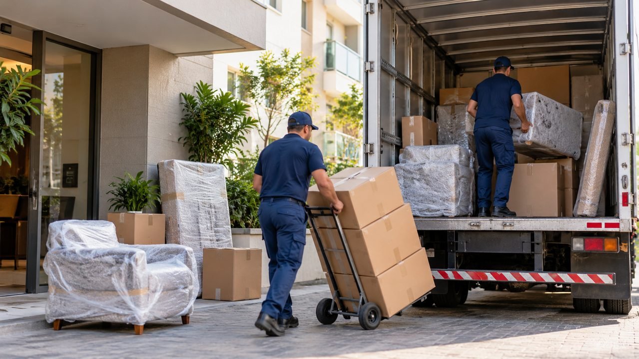 Mudança residencial com móveis protegidos sendo carregados para um caminhão