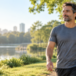 Homem adulto caminhando em parque ao amanhecer